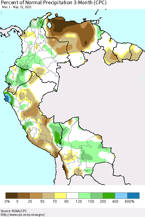 Northern South America Percent of Normal Precipitation 3-Month (CPC) Thematic Map For 3/1/2023 - 5/31/2023
