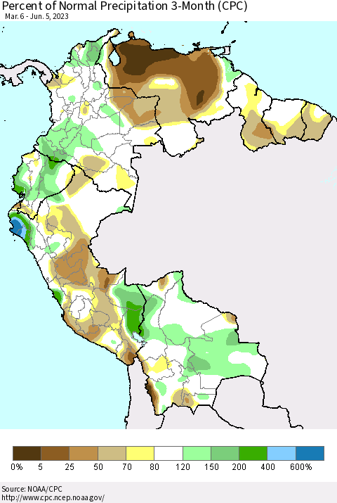 Northern South America Percent of Normal Precipitation 3-Month (CPC) Thematic Map For 3/6/2023 - 6/5/2023
