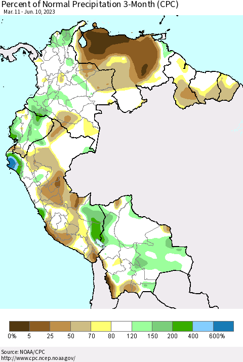 Northern South America Percent of Normal Precipitation 3-Month (CPC) Thematic Map For 3/11/2023 - 6/10/2023