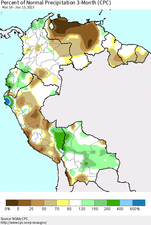 Northern South America Percent of Normal Precipitation 3-Month (CPC) Thematic Map For 3/16/2023 - 6/15/2023