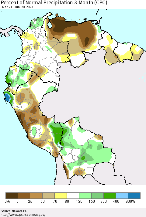 Northern South America Percent of Normal Precipitation 3-Month (CPC) Thematic Map For 3/21/2023 - 6/20/2023