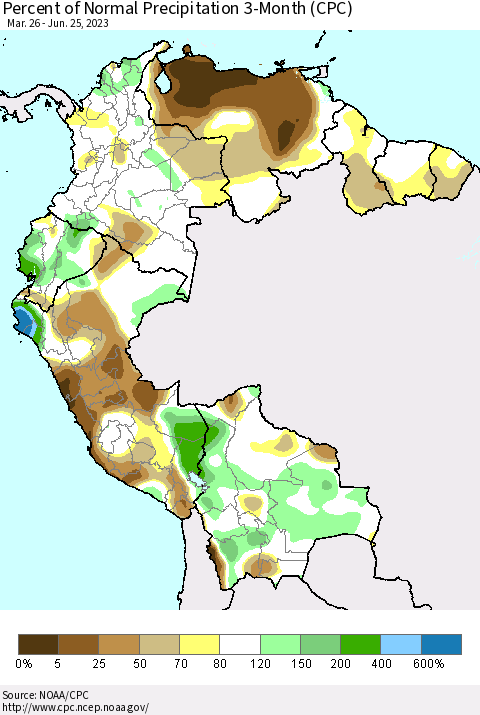 Northern South America Percent of Normal Precipitation 3-Month (CPC) Thematic Map For 3/26/2023 - 6/25/2023