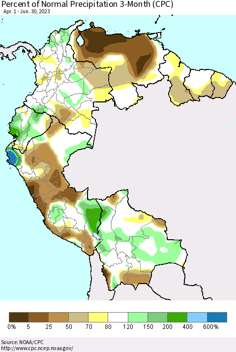 Northern South America Percent of Normal Precipitation 3-Month (CPC) Thematic Map For 4/1/2023 - 6/30/2023