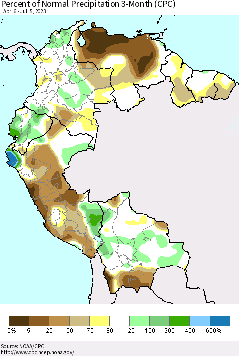 Northern South America Percent of Normal Precipitation 3-Month (CPC) Thematic Map For 4/6/2023 - 7/5/2023