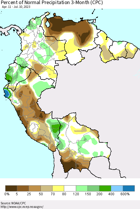 Northern South America Percent of Normal Precipitation 3-Month (CPC) Thematic Map For 4/11/2023 - 7/10/2023