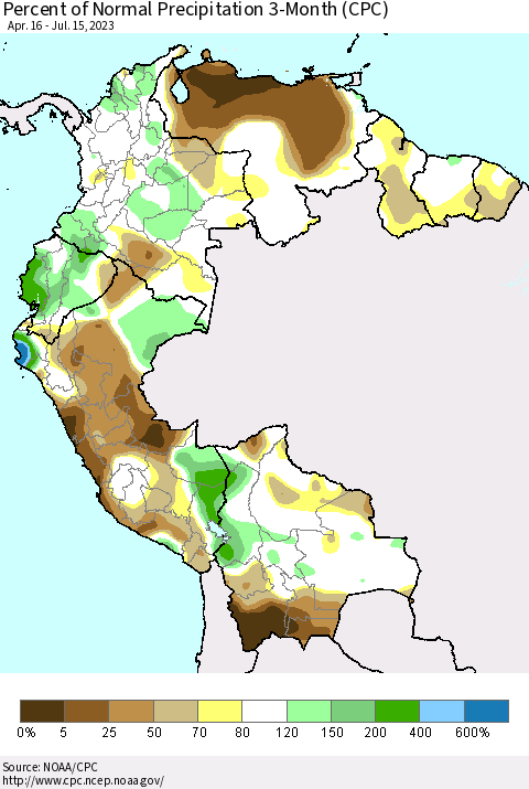 Northern South America Percent of Normal Precipitation 3-Month (CPC) Thematic Map For 4/16/2023 - 7/15/2023