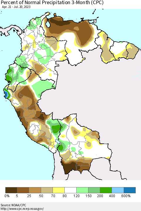 Northern South America Percent of Normal Precipitation 3-Month (CPC) Thematic Map For 4/21/2023 - 7/20/2023