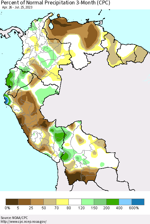 Northern South America Percent of Normal Precipitation 3-Month (CPC) Thematic Map For 4/26/2023 - 7/25/2023
