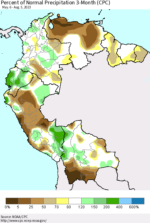 Northern South America Percent of Normal Precipitation 3-Month (CPC) Thematic Map For 5/6/2023 - 8/5/2023
