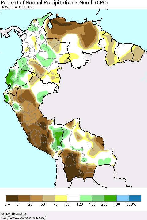 Northern South America Percent of Normal Precipitation 3-Month (CPC) Thematic Map For 5/11/2023 - 8/10/2023
