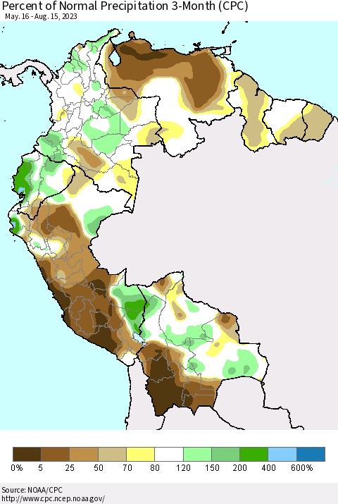 Northern South America Percent of Normal Precipitation 3-Month (CPC) Thematic Map For 5/16/2023 - 8/15/2023