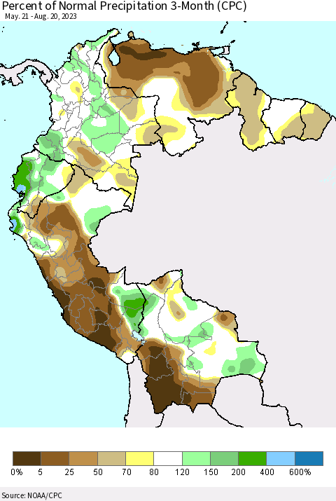 Northern South America Percent of Normal Precipitation 3-Month (CPC) Thematic Map For 5/21/2023 - 8/20/2023