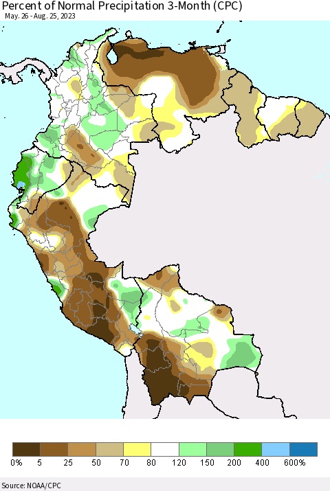 Northern South America Percent of Normal Precipitation 3-Month (CPC) Thematic Map For 5/26/2023 - 8/25/2023
