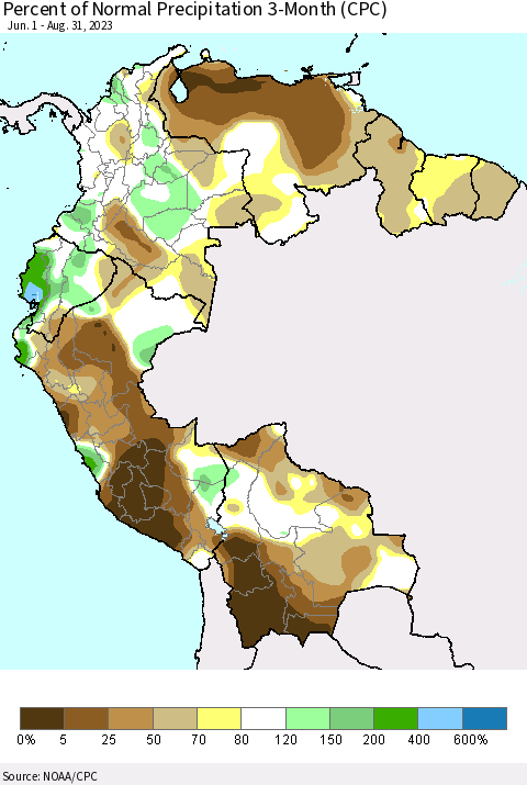 Northern South America Percent of Normal Precipitation 3-Month (CPC) Thematic Map For 6/1/2023 - 8/31/2023