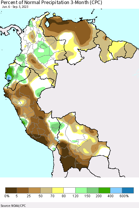 Northern South America Percent of Normal Precipitation 3-Month (CPC) Thematic Map For 6/6/2023 - 9/5/2023