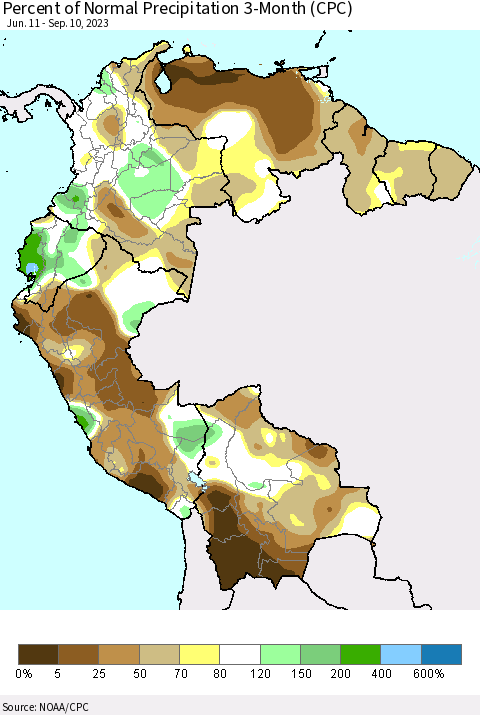 Northern South America Percent of Normal Precipitation 3-Month (CPC) Thematic Map For 6/11/2023 - 9/10/2023