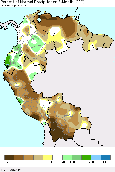 Northern South America Percent of Normal Precipitation 3-Month (CPC) Thematic Map For 6/16/2023 - 9/15/2023