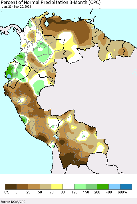 Northern South America Percent of Normal Precipitation 3-Month (CPC) Thematic Map For 6/21/2023 - 9/20/2023