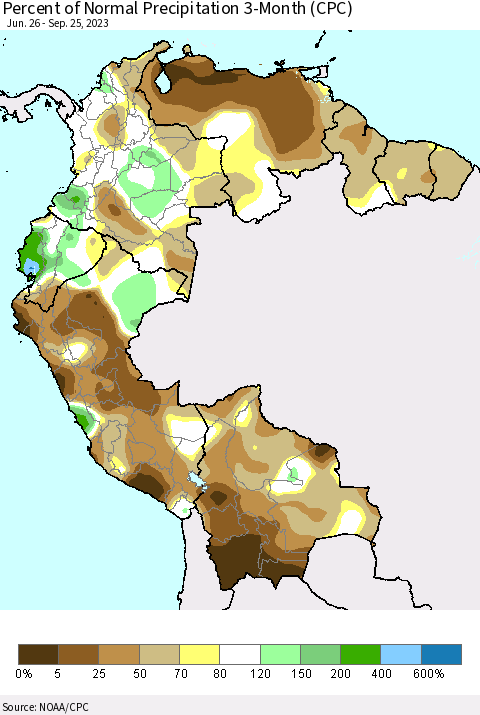 Northern South America Percent of Normal Precipitation 3-Month (CPC) Thematic Map For 6/26/2023 - 9/25/2023