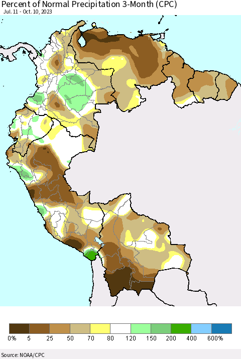 Northern South America Percent of Normal Precipitation 3-Month (CPC) Thematic Map For 7/11/2023 - 10/10/2023