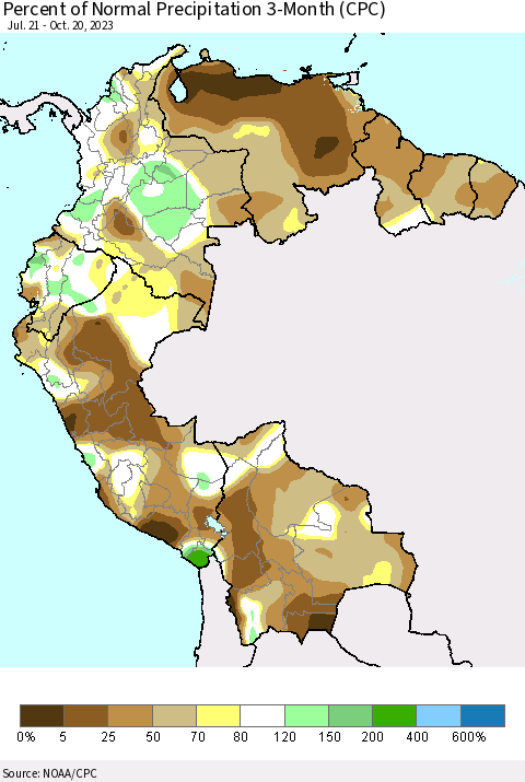 Northern South America Percent of Normal Precipitation 3-Month (CPC) Thematic Map For 7/21/2023 - 10/20/2023