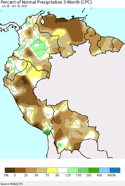 Northern South America Percent of Normal Precipitation 3-Month (CPC) Thematic Map For 7/26/2023 - 10/25/2023