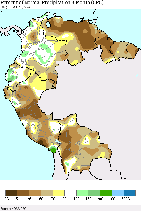 Northern South America Percent of Normal Precipitation 3-Month (CPC) Thematic Map For 8/1/2023 - 10/31/2023