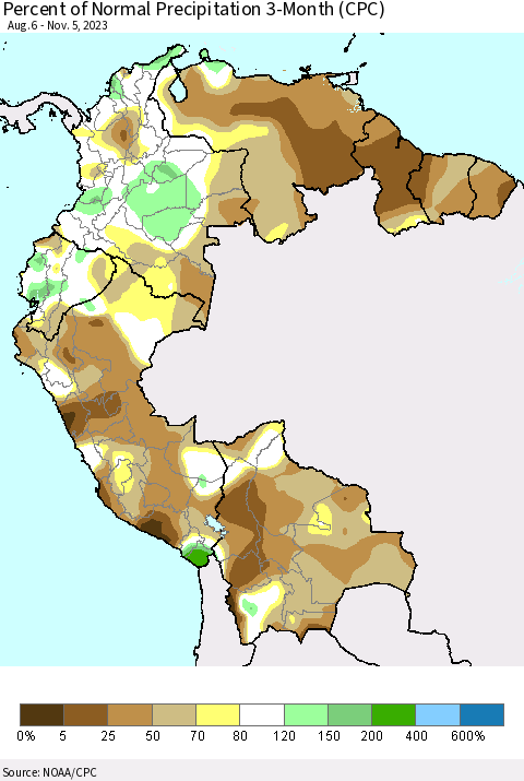 Northern South America Percent of Normal Precipitation 3-Month (CPC) Thematic Map For 8/6/2023 - 11/5/2023