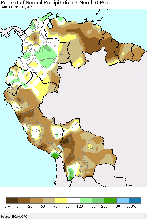 Northern South America Percent of Normal Precipitation 3-Month (CPC) Thematic Map For 8/11/2023 - 11/10/2023