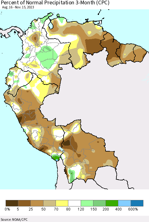 Northern South America Percent of Normal Precipitation 3-Month (CPC) Thematic Map For 8/16/2023 - 11/15/2023