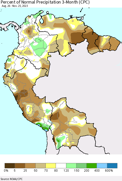 Northern South America Percent of Normal Precipitation 3-Month (CPC) Thematic Map For 8/26/2023 - 11/25/2023