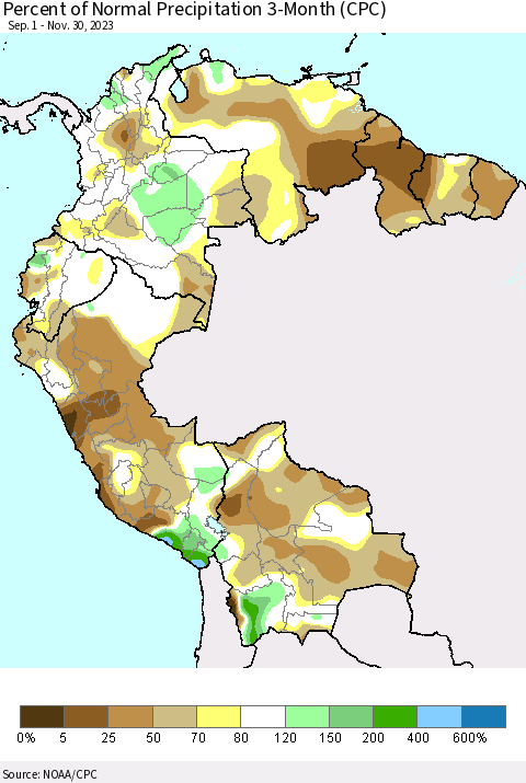 Northern South America Percent of Normal Precipitation 3-Month (CPC) Thematic Map For 9/1/2023 - 11/30/2023