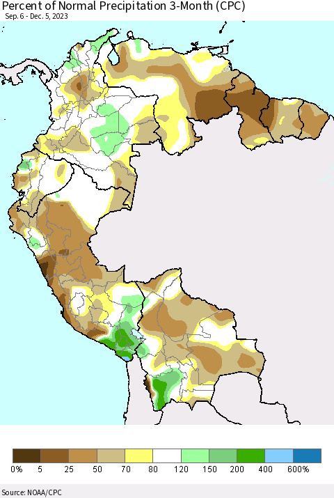 Northern South America Percent of Normal Precipitation 3-Month (CPC) Thematic Map For 9/6/2023 - 12/5/2023