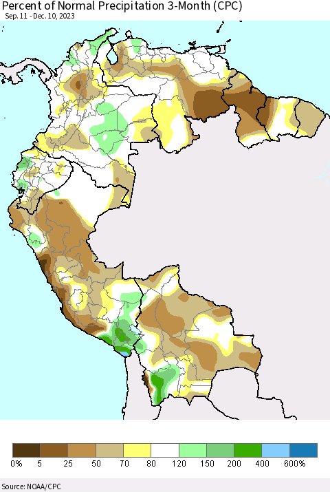 Northern South America Percent of Normal Precipitation 3-Month (CPC) Thematic Map For 9/11/2023 - 12/10/2023