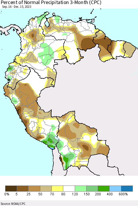 Northern South America Percent of Normal Precipitation 3-Month (CPC) Thematic Map For 9/16/2023 - 12/15/2023