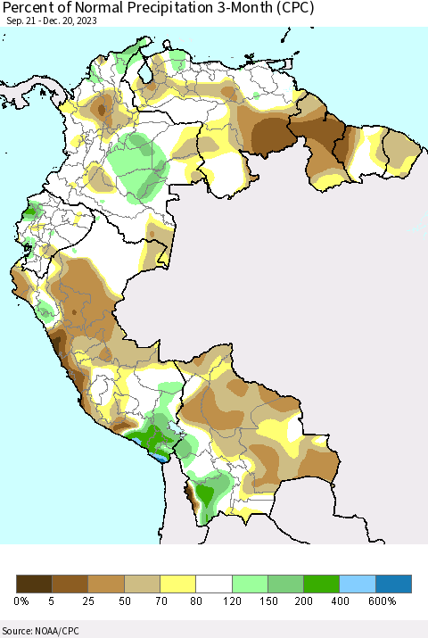 Northern South America Percent of Normal Precipitation 3-Month (CPC) Thematic Map For 9/21/2023 - 12/20/2023