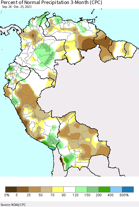 Northern South America Percent of Normal Precipitation 3-Month (CPC) Thematic Map For 9/26/2023 - 12/25/2023