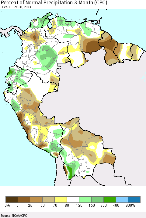 Northern South America Percent of Normal Precipitation 3-Month (CPC) Thematic Map For 10/1/2023 - 12/31/2023