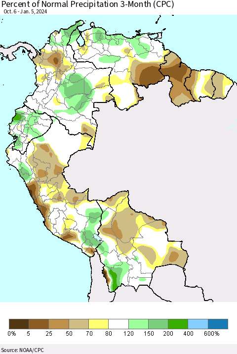 Northern South America Percent of Normal Precipitation 3-Month (CPC) Thematic Map For 10/6/2023 - 1/5/2024