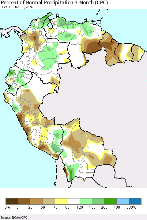 Northern South America Percent of Normal Precipitation 3-Month (CPC) Thematic Map For 10/11/2023 - 1/10/2024