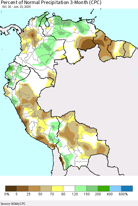 Northern South America Percent of Normal Precipitation 3-Month (CPC) Thematic Map For 10/16/2023 - 1/15/2024