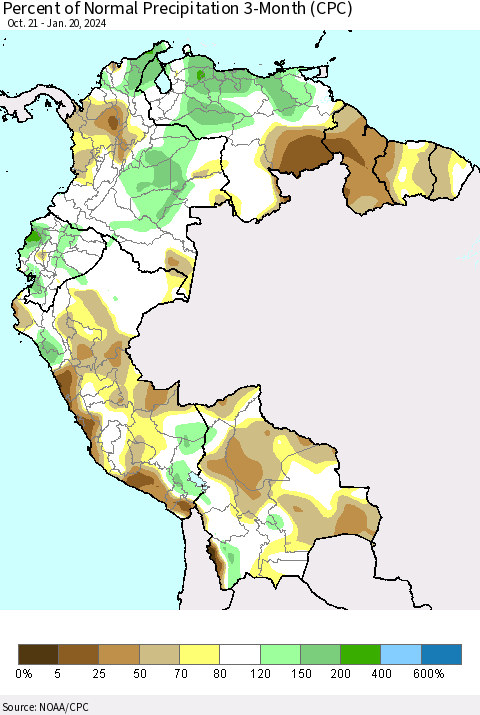 Northern South America Percent of Normal Precipitation 3-Month (CPC) Thematic Map For 10/21/2023 - 1/20/2024