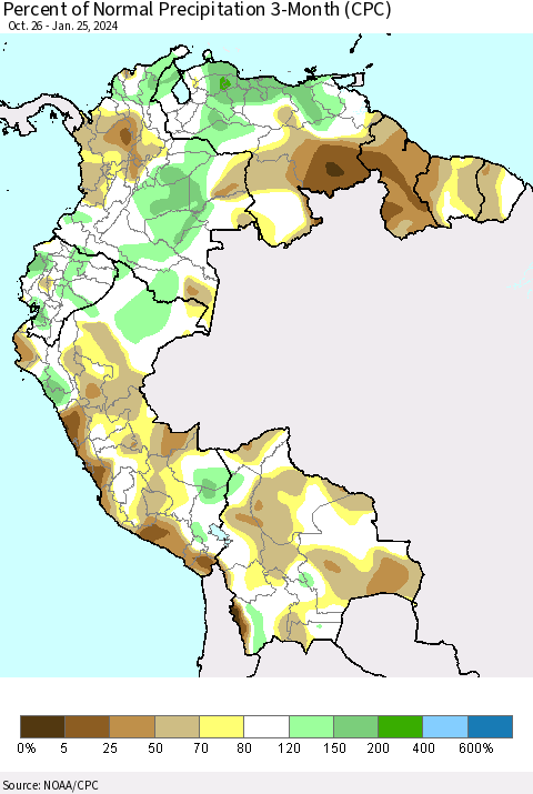 Northern South America Percent of Normal Precipitation 3-Month (CPC) Thematic Map For 10/26/2023 - 1/25/2024