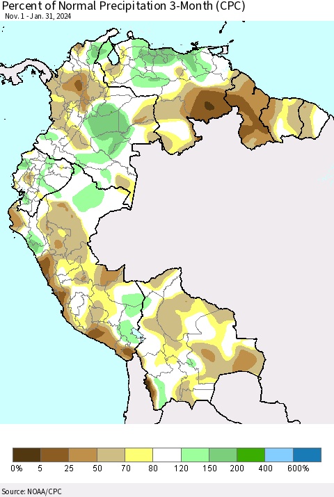 Northern South America Percent of Normal Precipitation 3-Month (CPC) Thematic Map For 11/1/2023 - 1/31/2024