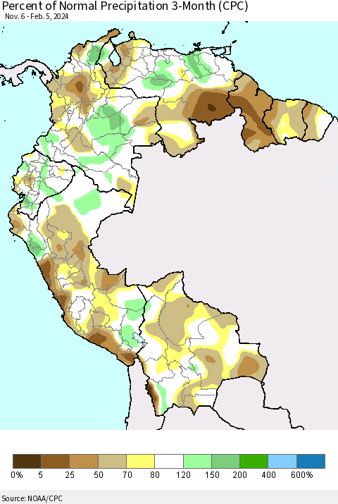 Northern South America Percent of Normal Precipitation 3-Month (CPC) Thematic Map For 11/6/2023 - 2/5/2024