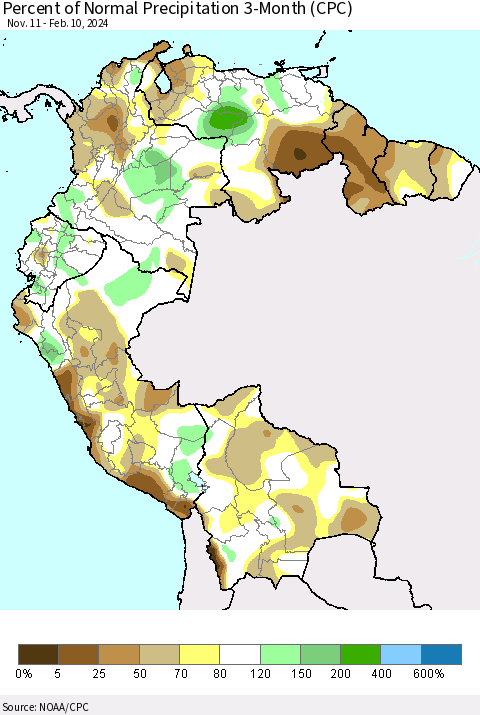 Northern South America Percent of Normal Precipitation 3-Month (CPC) Thematic Map For 11/11/2023 - 2/10/2024