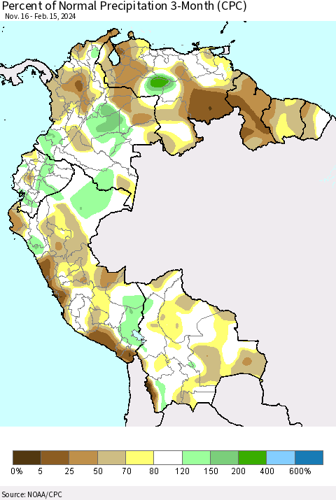 Northern South America Percent of Normal Precipitation 3-Month (CPC) Thematic Map For 11/16/2023 - 2/15/2024