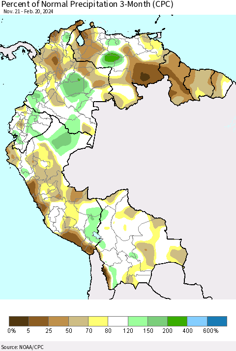 Northern South America Percent of Normal Precipitation 3-Month (CPC) Thematic Map For 11/21/2023 - 2/20/2024