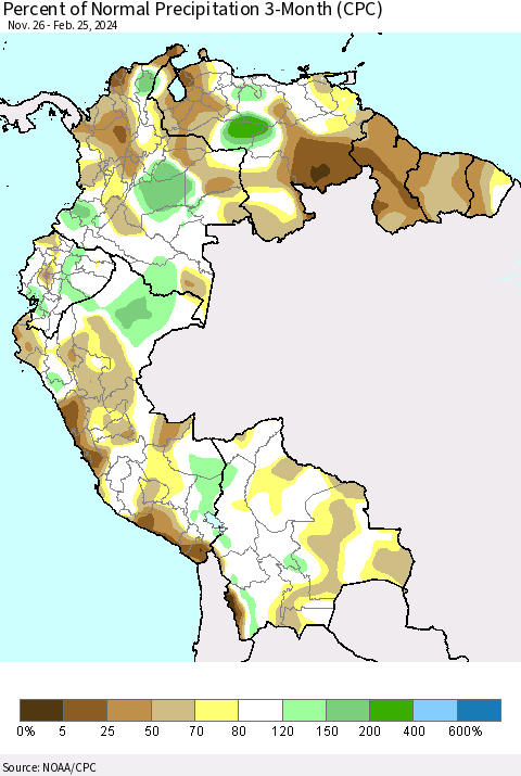 Northern South America Percent of Normal Precipitation 3-Month (CPC) Thematic Map For 11/26/2023 - 2/25/2024