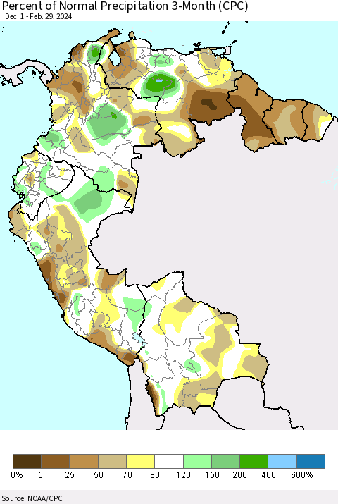 Northern South America Percent of Normal Precipitation 3-Month (CPC) Thematic Map For 12/1/2023 - 2/29/2024